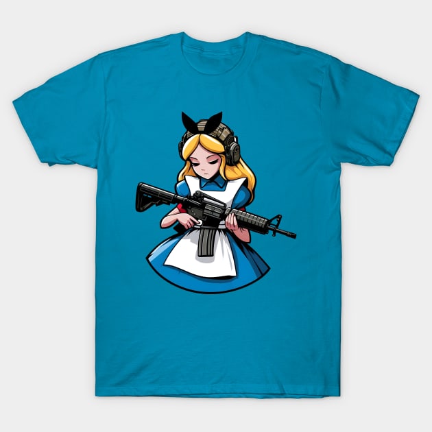 Tactical Wonderland Odyssey Tee: A Unique Twist on Alice's Journey T-Shirt by Rawlifegraphic